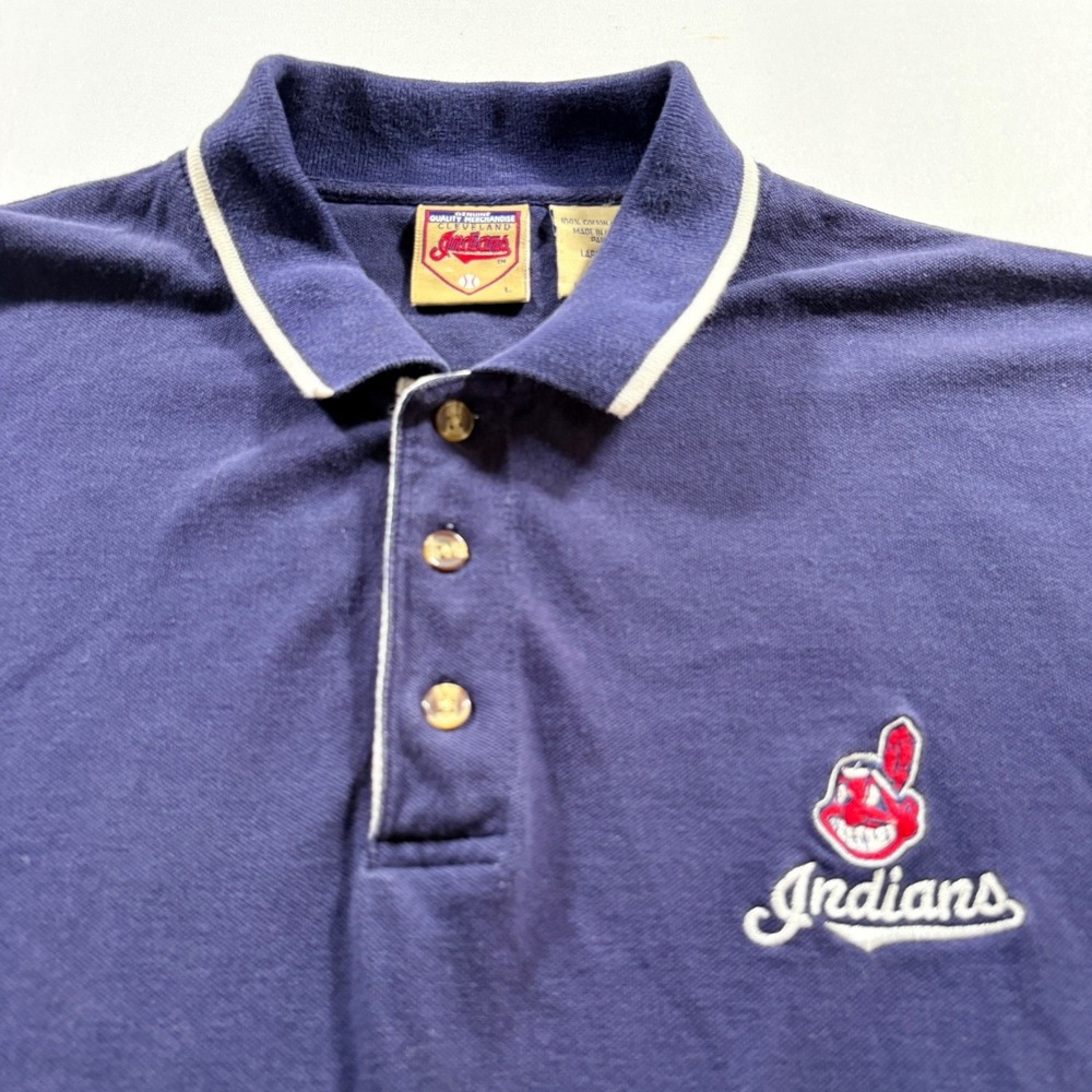 MLB Cleveland Indians Polo Shirt Mens Large Navy Blue‎ Cotton Chief Wahoo Logo